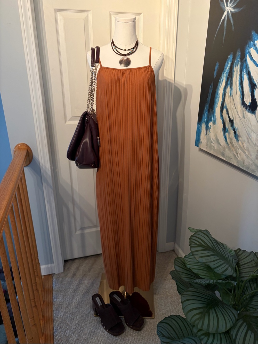 a new day Rust Orange Pleated Spaghetti-Strap Maxi Dress